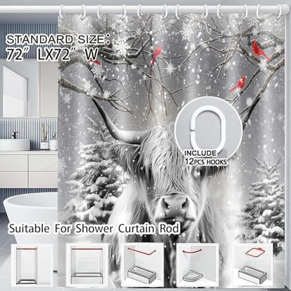 Winter Christmas Highland Cow Shower Curtain - Grey 72x72 Inches