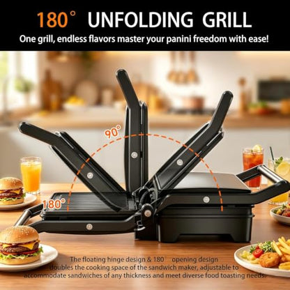 Black 3-in-1 Electric Panini Press Grill with Non-Stick Plates & Drip Tray