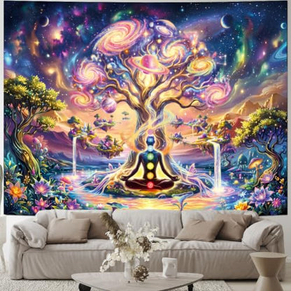Pink Nebula Chakra Tree of Life Tapestry UV Reactive Space Wall Hanging - 59.1 x 51.2 inches