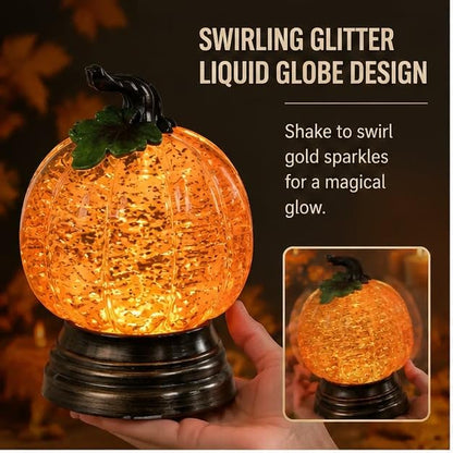 Lighted Pumpkin Snow Globe with LED Warm Orange Light, Gold Glitter Fall Decor