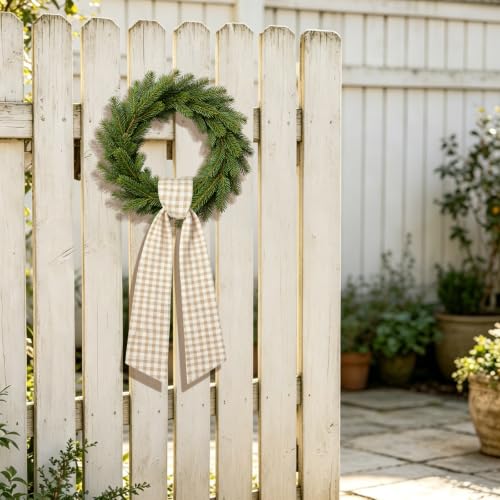Beige Gingham Wreath Sash for Front Door - 2 Pcs with Bow - Fall & Seasonal Decor