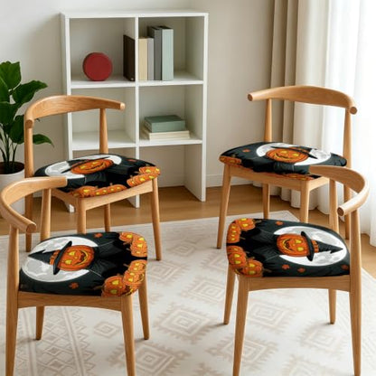 Halloween Pumpkin Chair Seat Covers - Fanciful Witch Moon Design, 4 Pcs, Orange Spandex