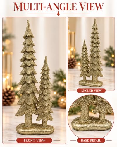 Set of 2 Gold Resin Christmas Tree Decorations - 12.75 Inch Holiday Figurines