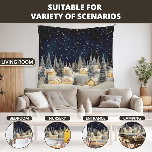 Vintage Christmas Winter Village Tapestry Wall Hanging - Rustic Snow Scene, 50x60 Inches - Winter Country Variation