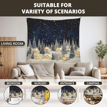 Vintage Christmas Winter Village Tapestry Wall Hanging - Rustic Snow Scene, 50x60 Inches - Winter Country Variation