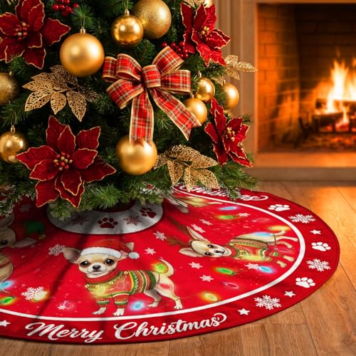 Chihuahua Christmas Tree Skirt 48 Inch Holiday Decor for Indoor Outdoor Use