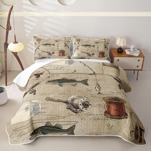 Brown 18 Twin Rustic Fishing Quilt Set with Pillowcase - Farmhouse Cabin Bedding