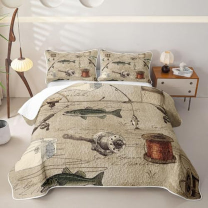 Brown 18 Twin Rustic Fishing Quilt Set with Pillowcase - Farmhouse Cabin Bedding