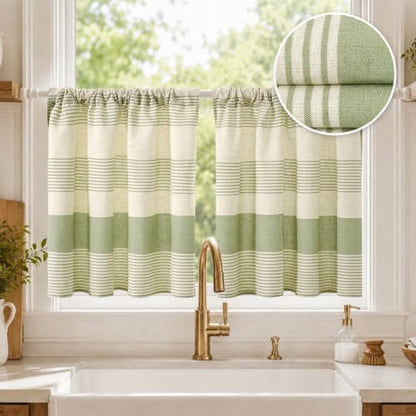 Sage Green Linen Blend Kitchen Tier Curtains - 30W x 36L, Pack of 2