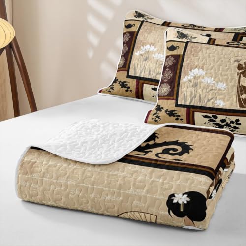 Queen Lotus Quilt Set with Brown White Variation - Soft All-Season Bedspread