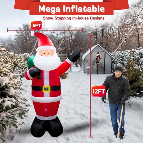 12Ft Inflatable Santa Christmas Yard Decoration with LED Lights Outdoor Holiday Decor