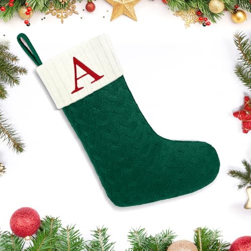 Large Green and White Christmas Stocking with Initial Letter C - 20 Inches Knit Embroidered Monogram Holiday Decor, Family Gift