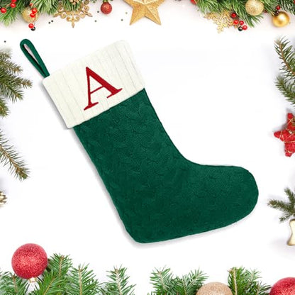 Large Green and White Christmas Stocking with Initial Letter C - 20 Inches Knit Embroidered Monogram Holiday Decor, Family Gift