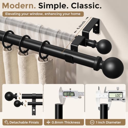 Heavy Duty Black Double Curtain Rod 36-153 Inch - 1 Inch Dual Rods, Adjustable Seamless Support