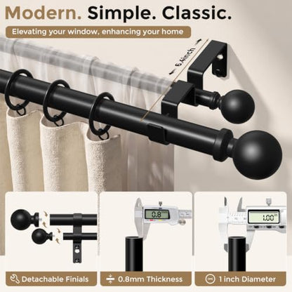 Heavy Duty Black Double Curtain Rod 36-153 Inch - 1 Inch Dual Rods, Adjustable Seamless Support
