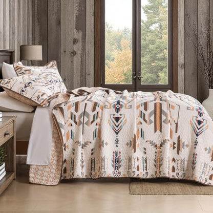 100% Cotton Queen Quilt Set with Southwestern Aztec Design - Breathable & Cozy Bedding