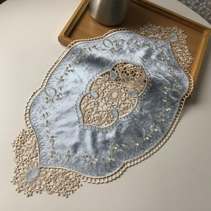 Retro Oval Doilies Placemat - Grey Blue Velvet Flower Embroidery 20x11.4"