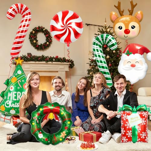 8Pcs Christmas Foil Balloons Set Reindeer Tree Santa Gift Wreath Candy Canes Indoor Holiday Decor