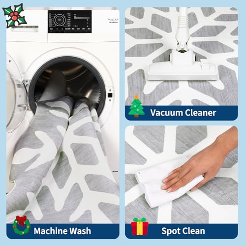 Christmas Snowflake Round Rug 4ft Grey Washable Non-Slip Low Pile Carpet for Living Room