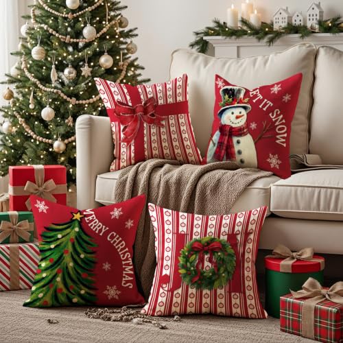 Christmas Throw Pillow Covers 18x18 Inch Set of 4 - Red Xmas Decor, Snowman & Christmas Tree Pattern - Variation of Christmas 15 / 18" x 18" (Pack of 4)