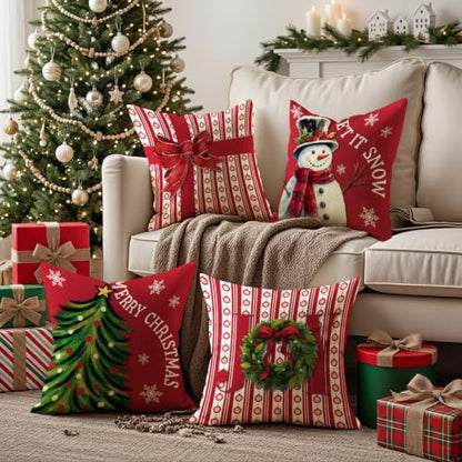 Christmas Throw Pillow Covers 18x18 Inch Set of 4 - Red Xmas Decor, Snowman & Christmas Tree Pattern - Variation of Christmas 15 / 18" x 18" (Pack of 4)