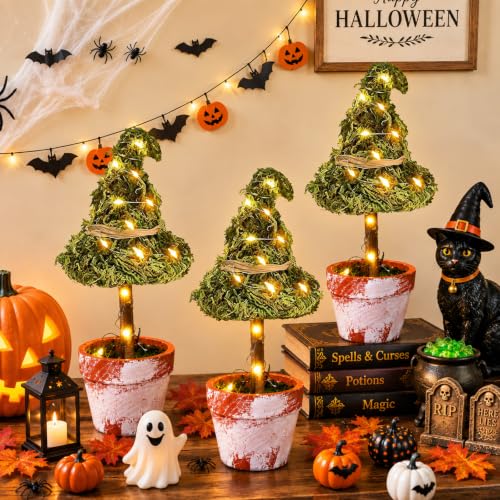 Halloween Witch Hat Topiary Plant Decor with LED Lights - 3 Pieces, Woodland Style