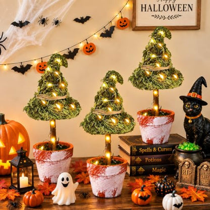 Halloween Witch Hat Topiary Plant Decor with LED Lights - 3 Pieces, Woodland Style