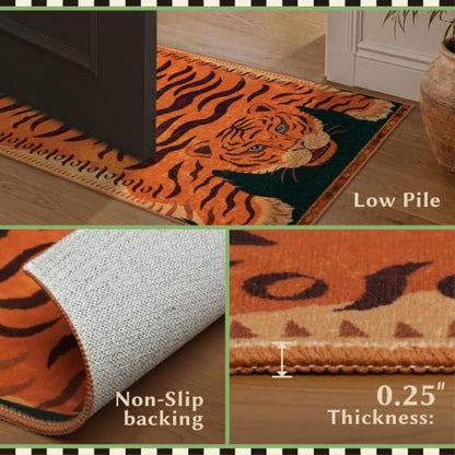 Vintage Tiger Runner Rug 2x6 - Washable Animal Print Entryway Carpet with Burnt Orange & Green Variation
