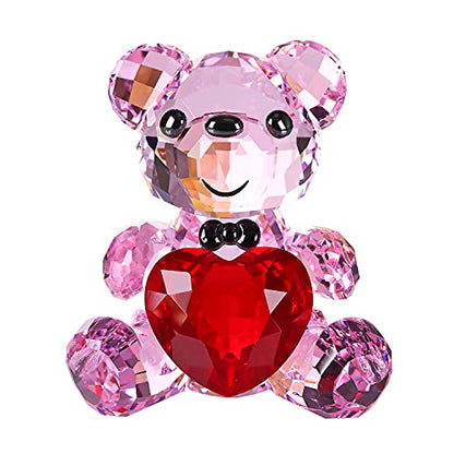 Crystal Teddy Bear Figurine with Red Heart - Pink Collectible Gift Ornament