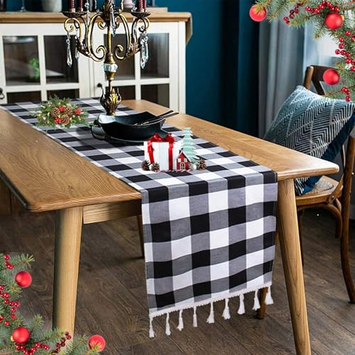 DUOBAO Buffalo Plaid Table Runner 14x108 Inches Black and White Checkered Linen with Tassels for Christmas and Farmhouse Decor