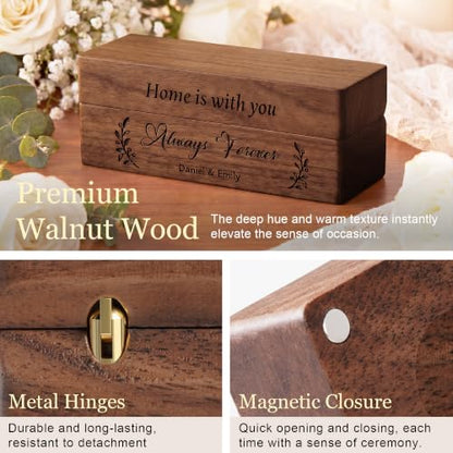 Personalized Wedding Ring Box - Engraved Wooden 2 Slot Ring Holder - Slim Rectangle