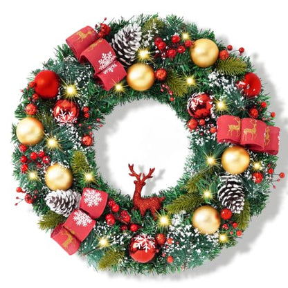 20-Inch Christmas Wreath with Lights Red & Green Reindeer Berries Cones Pine Needles - Front Door Decor