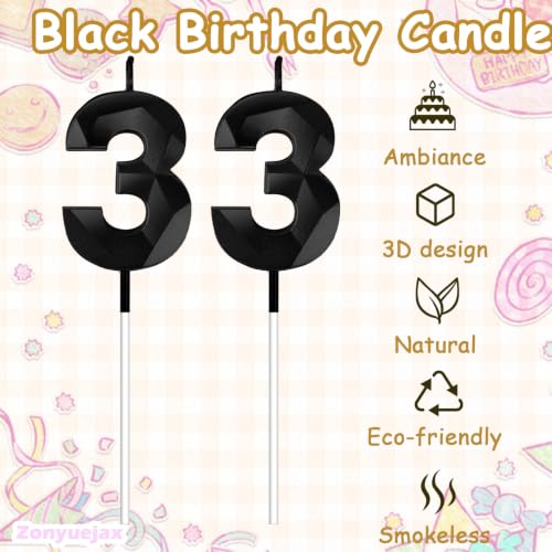 Black 33 Birthday Candles for Cake - 2 Pcs 33 Number 3 Decorative Toppers