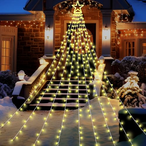 Outdoor Christmas Decorations 11.5ft Warm Waterfall Tree Lights with Star, 8 Modes