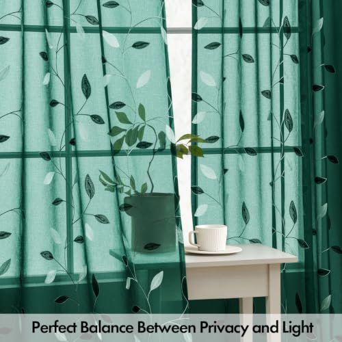 MIULEE Christmas Hunter Green Sheer Curtains Leaf Patterned 52"W x 96"L, Pack of 2