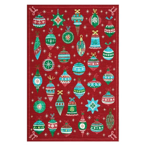 Christmas Rug 5x7 Feet - Red Festive Holiday Decor Non Slip Stain Resistant Low Pile Area Rug with Christmas Balls
