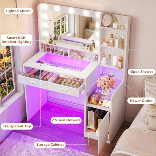 Pure White Vanity Desk with Mirror, RGB Lights, Glass Top, Open Shelves & Power Outlet (42.5W x 15.7D x 55.1H)