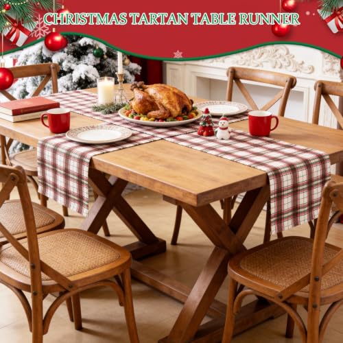 Christmas Plaid Table Runners Set of 2 72x13 Inches Scottish Tartan Holiday Decor White Red Green Variation