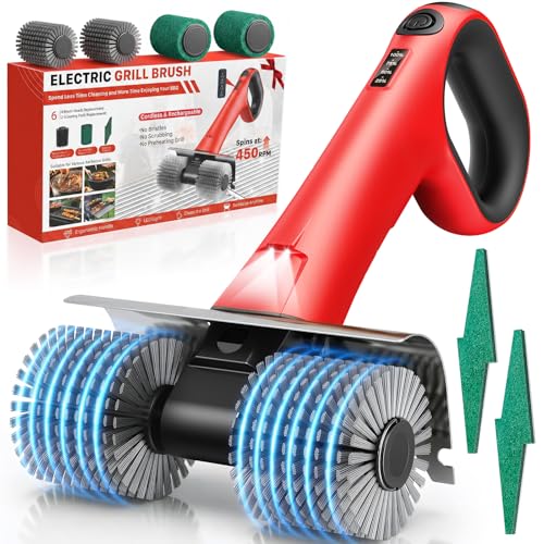 Electric Grill Brush for Outdoor Grills - Red Cordless BBQ Cleaner with Dual Rotating Heads, 450 RPM Motor, 6-Piece Replacement Set