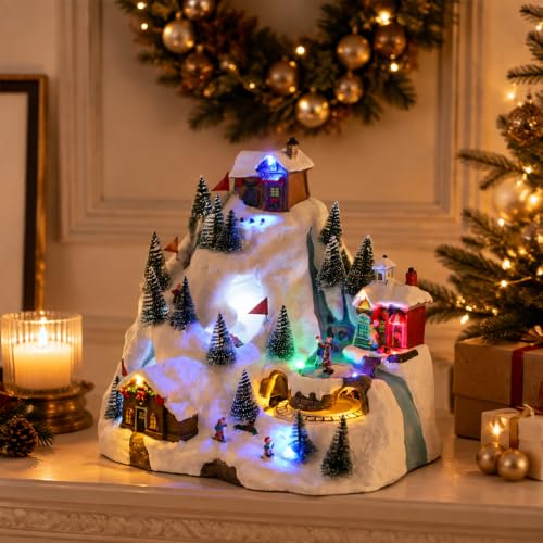 Animated Christmas Village Ski Mountain with Moving Train & Skaters - Holiday Decor