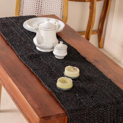 Handwoven Braided Jute Table Runner Reversible - Black 13x108 Inches