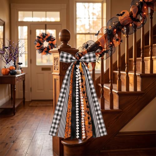 Halloween Ribbon Bow Set for Wreaths and Decor - Orange Black Dot Spider Web Fabric, Halloween Style2