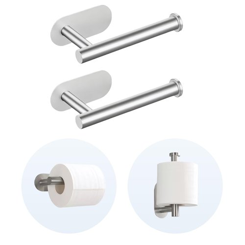 2 Packs Toilet Paper Holder No-Drill Self-Adhesive Towel Rack Stainless Steel Waterproof Rustproof Roll Paper Holder for Bathroom Washroom RVs (Brushed Silver)