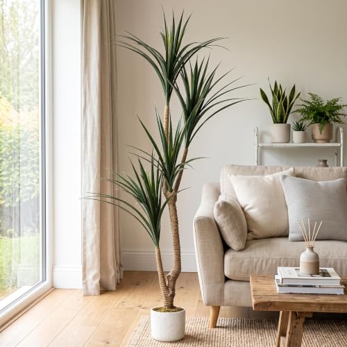 Artificial Dracaena Tree 5.4FT with White Spotted Planter - Faux Indoor Plant