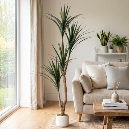 Artificial Dracaena Tree 5.4FT with White Spotted Planter - Faux Indoor Plant