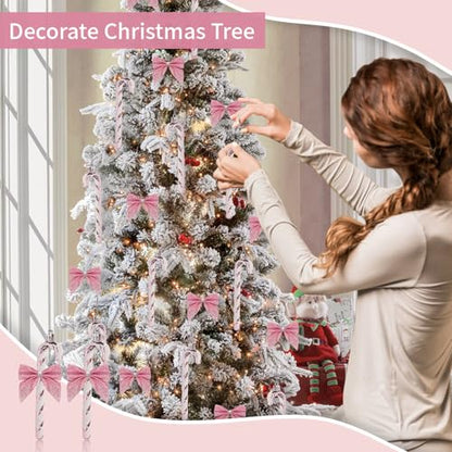 Pink Glitter Candy Cane Christmas Decorations - 12 Pcs Holiday Tree Ornaments