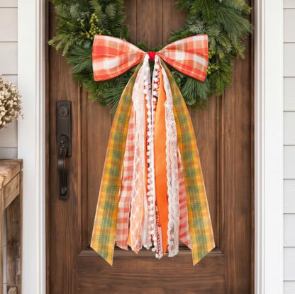 Fall Harvest Wreath Bow - Large Autumn Front Door Decor 27x13 Inches - Orange Variation