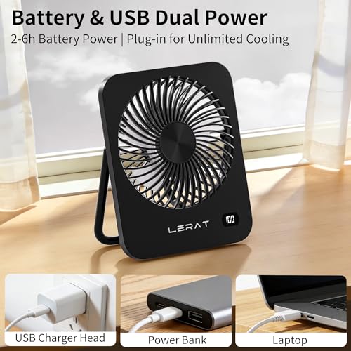 Lerat Portable Desk Fan Black - Rechargeable USB Mini Fan with LED Display, 5 Speeds, Foldable & Ultra-Quiet for Travel & Office