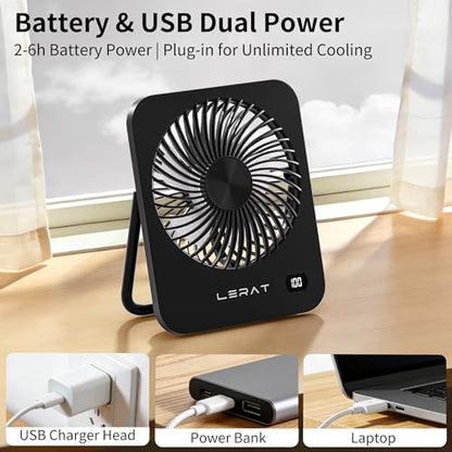 Lerat Portable Desk Fan Black - Rechargeable USB Mini Fan with LED Display, 5 Speeds, Foldable & Ultra-Quiet for Travel & Office