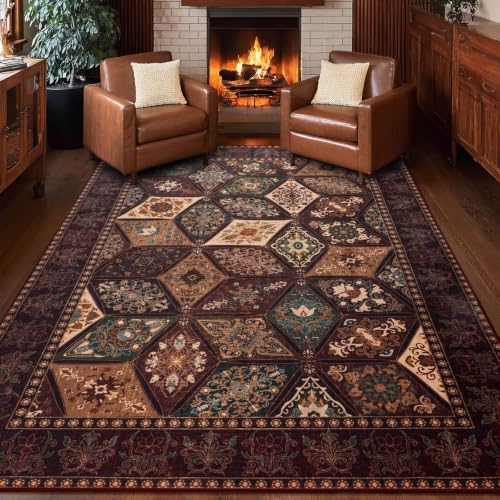 Vintage Washable Area Rug 4x6 Feet Distressed Patchwork Brown - Pet Friendly